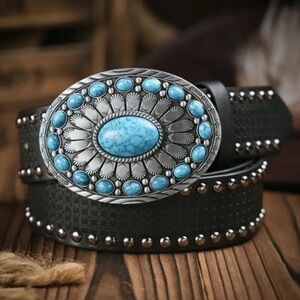 Black Belt with Silver and Turquoise Buckle Detailing